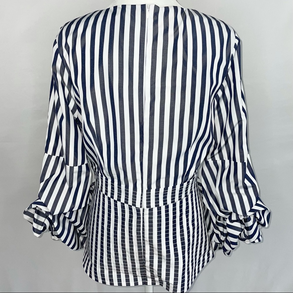 New Central Park West Balloon Sleeve Layered Peplum Striped Cotton Shirt - Picture 9 of 16
